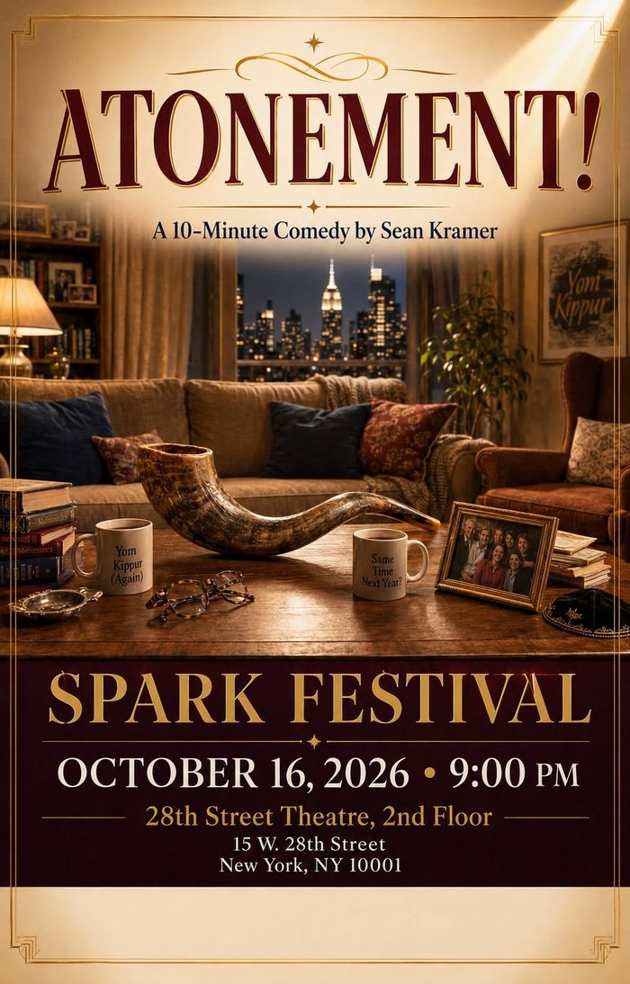 Poster for Atonement!, a ten-minute comedy by Sean Kramer, at the Spark Festival, October 16, 2026, 28th Street Theatre, New York